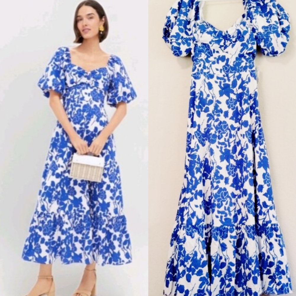 Hyacinth House Blue Seaport Tie Back Floral Midi Dress Cottagecore L - Picture 1 of 11